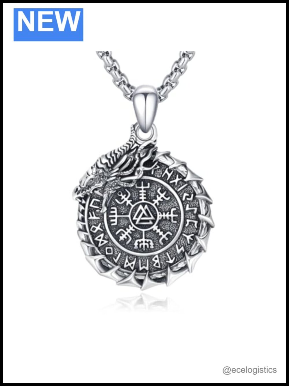 925 Sterling Silver Viking Necklace Dragon Compass Pendant 24" Chain